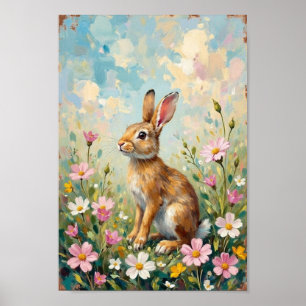 Affiche Art de la fleur sauvage du lapin de Pâques vintage