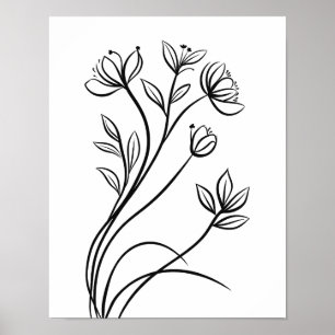 Affiche Art de la ligne fleur sauvage Botanique noir et bl