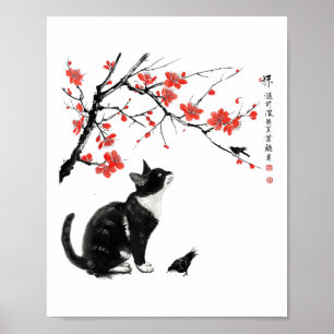 Affiche Art de la nature japonaise_ Chat et oiseau avec fl