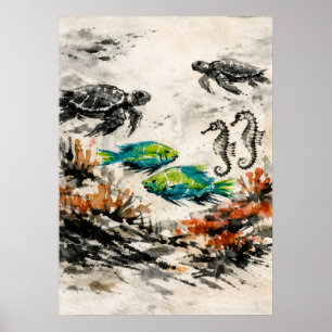 Affiche Art de la vie marine en aquarelle sur le récif de