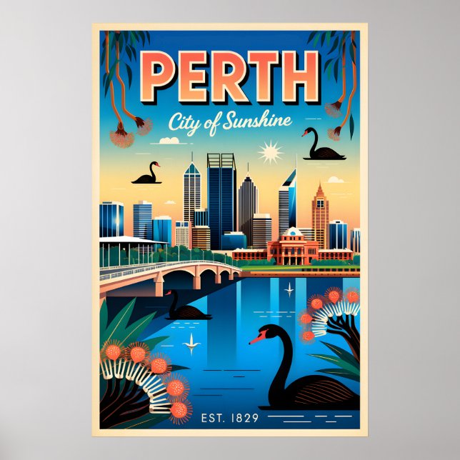 Affiche Art de l'affiche de voyage rétro de Perth Australi (Devant)