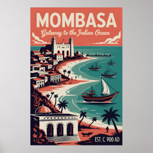 Affiche Art de l'affiche de voyage rétro Mombasa Kenya