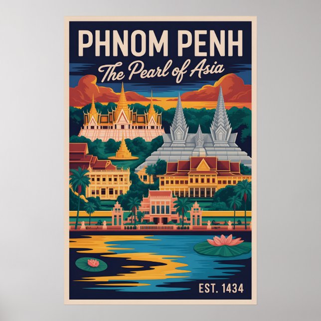 Affiche Art de l'affiche de voyage rétro Phnom Penh Cambod (Devant)