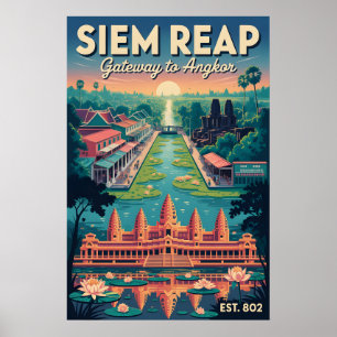 Affiche Art de l'affiche de voyage rétro Siem Reap Cambodg