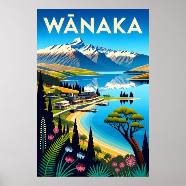 Affiche Art de l'affiche de voyage rétro Wānaka Nouvelle-Z (Devant)