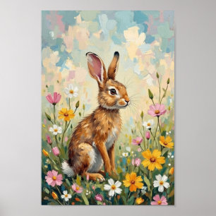 Affiche Art de lapin de Pâques vintage dans une prairie