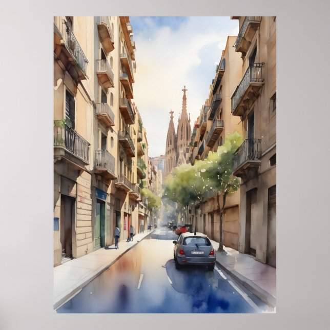 Affiche Art de l'aquarelle de Barcelone (Devant)