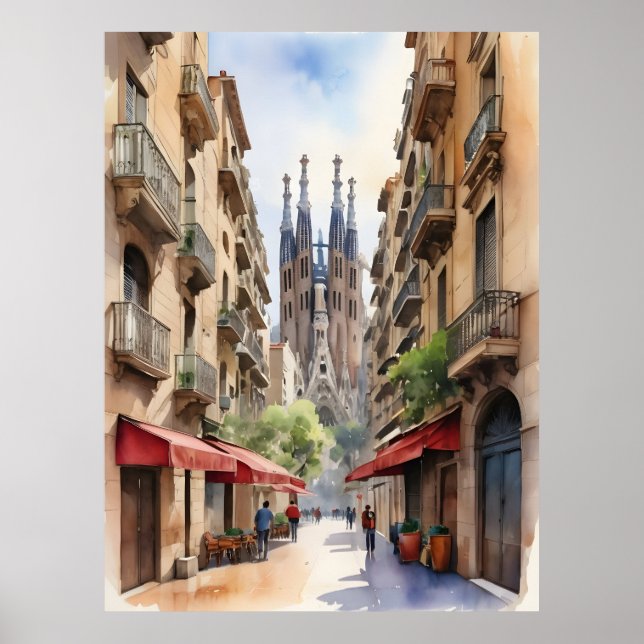 Affiche Art de l'aquarelle de Barcelone (Devant)
