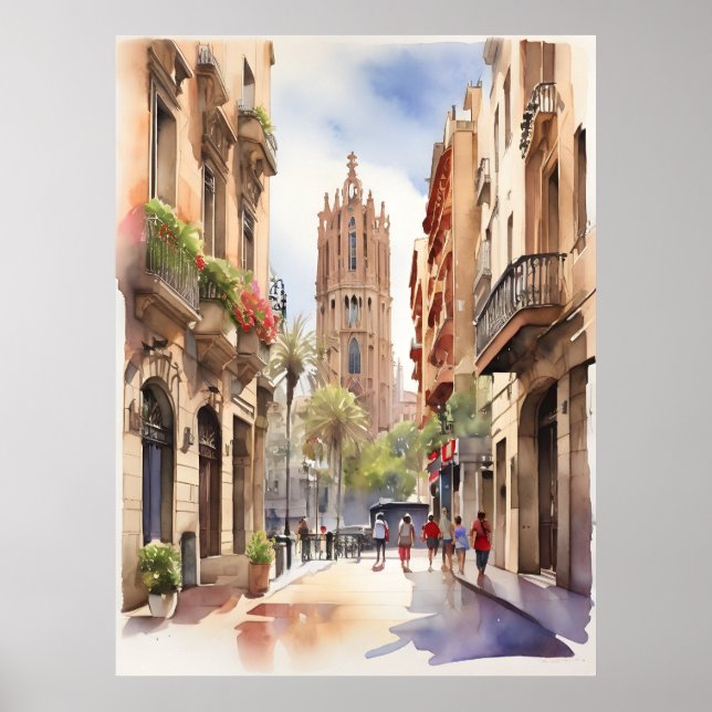 Affiche Art de l'aquarelle de Barcelone (Devant)