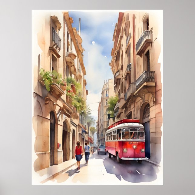 Affiche Art de l'aquarelle de Barcelone (Devant)