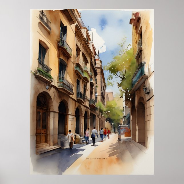 Affiche Art de l'aquarelle de Barcelone (Devant)