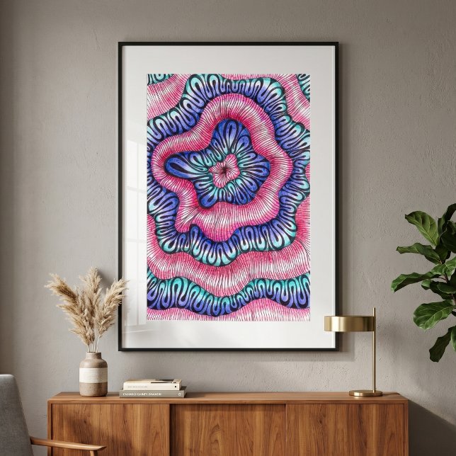 Affiche Art de ligne ondulée abstrait psychédélique rose e (Créateur téléchargé)