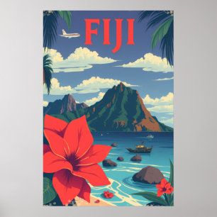 Affiche Art de l'île tropicale vintage de voyage aux Fidji