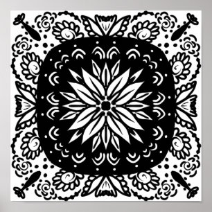 Affiche Art de mandala doodle dessiné à la main noir blanc