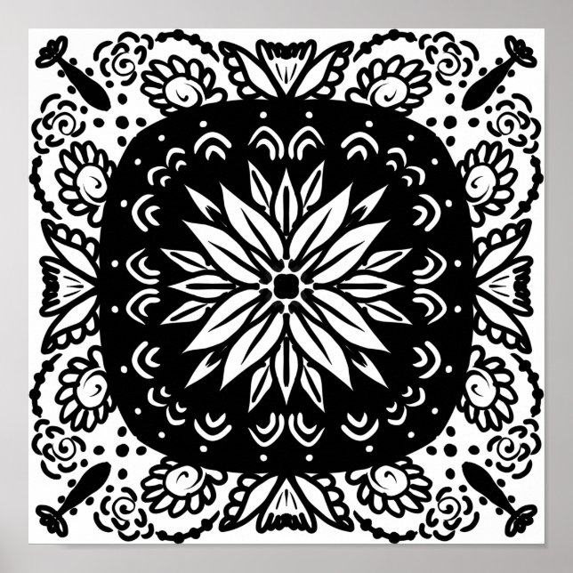 Affiche Art de mandala doodle dessiné à la main noir blanc (Devant)