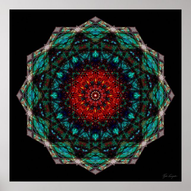 Affiche Art de mandala géométrique turquoise rouge complex (Devant)