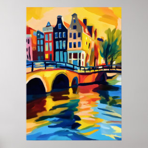 Affiche Art de mur de canal d'Amsterdam fauve coloré
