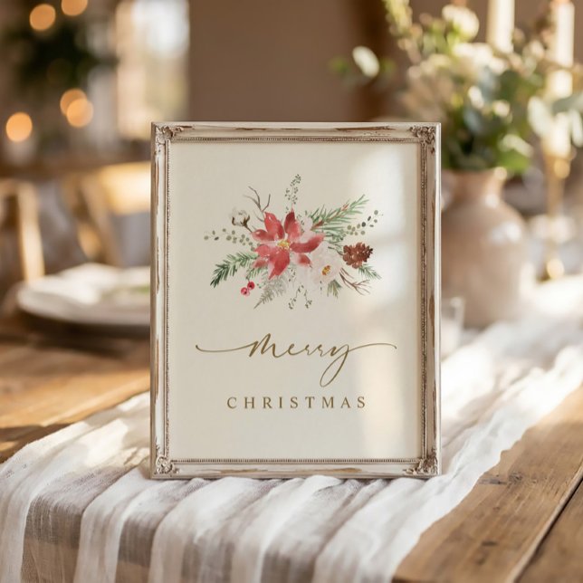 Affiche Art de Noël imprimable Élégant Boho Verdure (Elegant Merry Christmas sign 8x10 watercolor poinsettia and winter greenery)