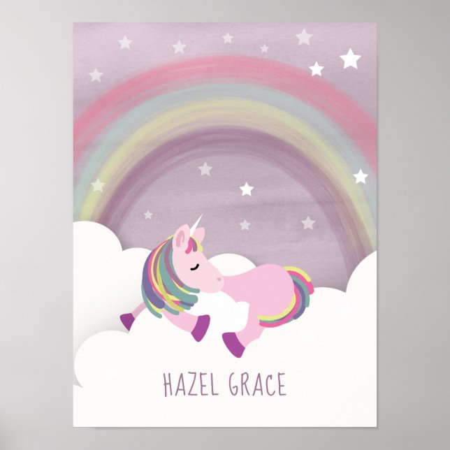 Affiche Art de nurserie arc-en-ciel de licorne endormie (Devant)