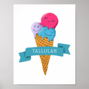 Affiche Art de nurserie de cône de glace coloré avec nom