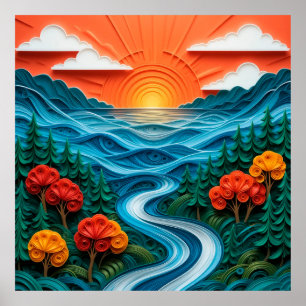 Affiche Art de papier vif représentant un coucher de solei