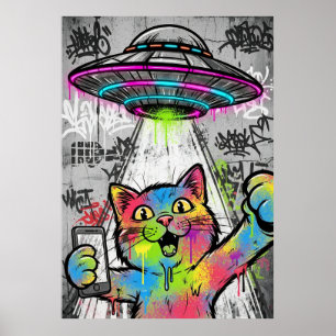 Affiche Art de rue coloré Chat avec graffiti d'UFO