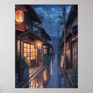 Affiche Art de rue japonais sous la pluie brumeuse