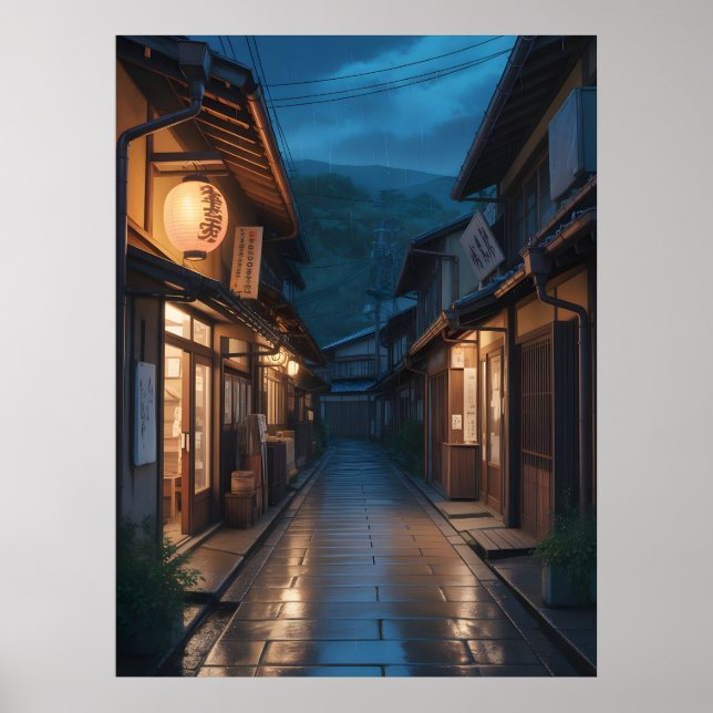 Affiche Art de rue japonais sous la pluie brumeuse (Devant)
