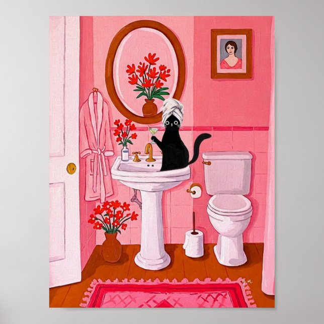 Affiche Art de salle de bain chat noir fantaisiste – Fémin (Devant)