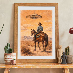 Affiche Art de scène désertique de cow-boy et d'OVNI, scie
