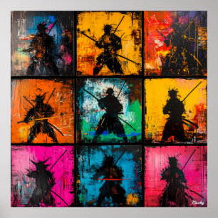 Affiche Art de silhouette de samouraï en grille gras style