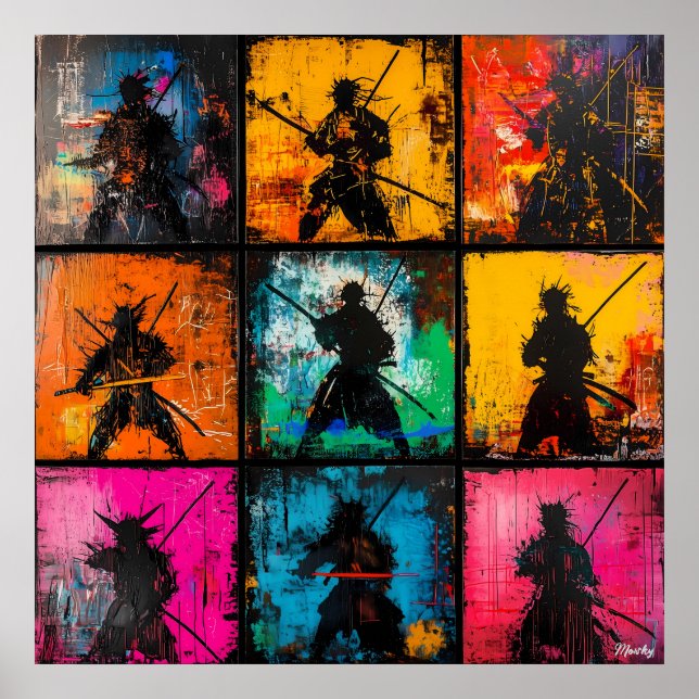 Affiche Art de silhouette de samouraï en grille gras style (Devant)