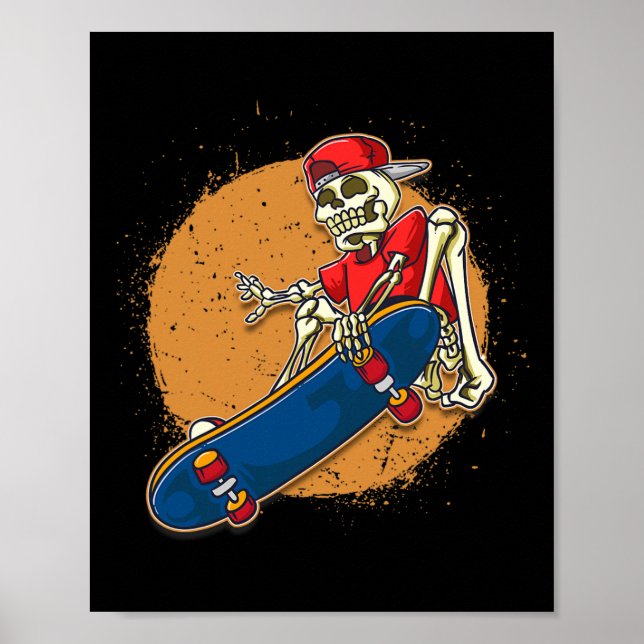 Affiche Art de skateboard cool squelette faisant un kickfl (Devant)