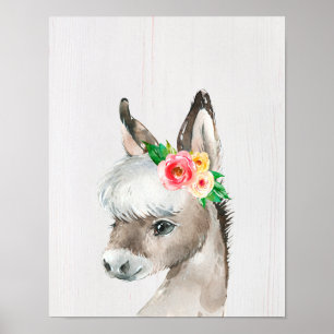 Affiche Art de style ferme à l'aquarelle florale d'âne