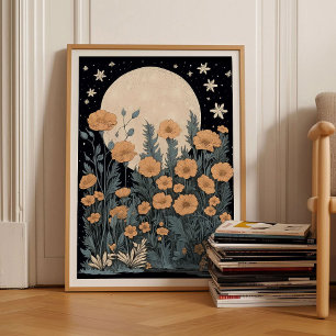 Affiche Art de style vintage bloc Lune & fleurs, Whimsigot