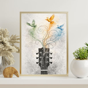 Affiche art de tête de guitare   illustration d'oiseaux vo