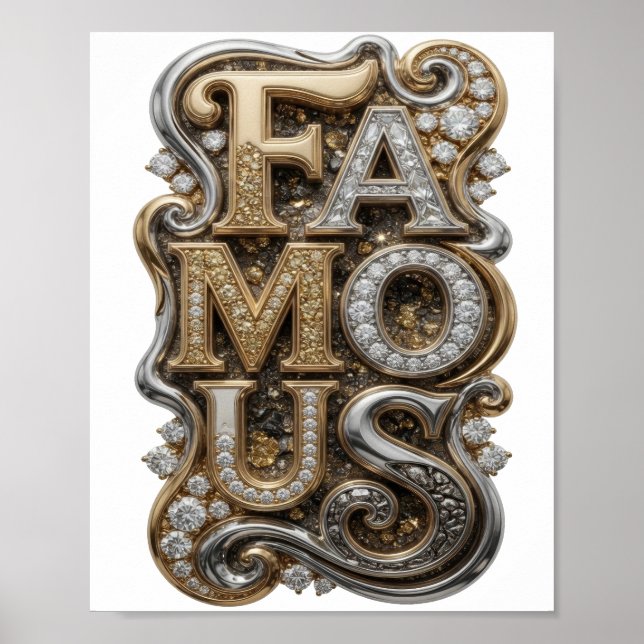 Affiche Art de texte 3D argenté moderne FAMOUS (Devant)