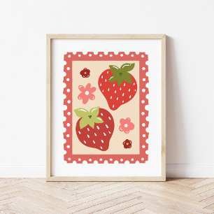 Affiche Art de timbre-poste à la fraise coquette dessiné à