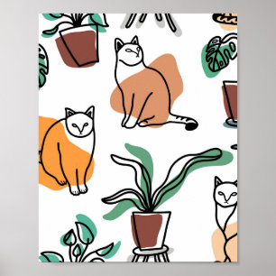 Affiche Art de trait dessin chats et fleurs