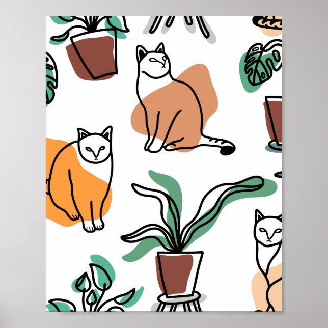 Affiche Art de trait dessin chats et fleurs (Devant)