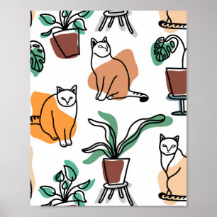 Affiche Art de trait dessin chats et fleurs