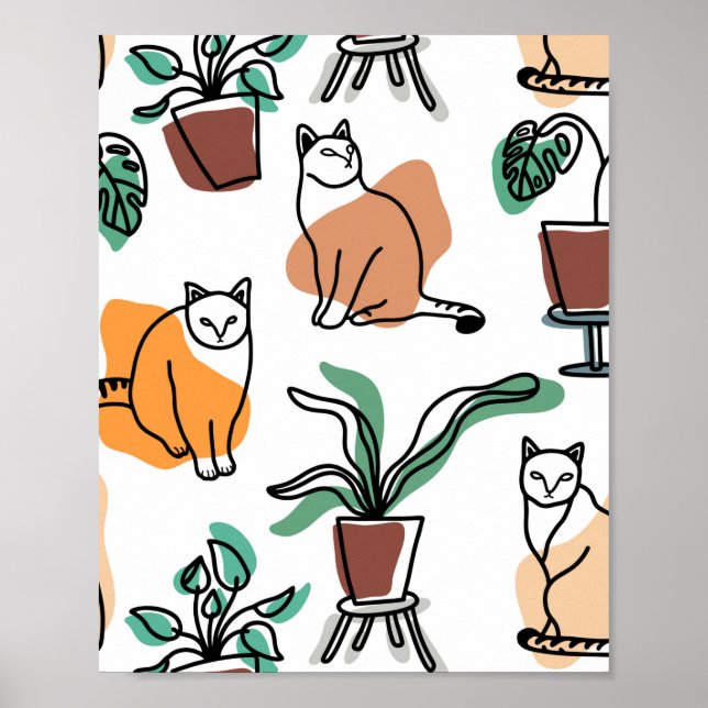 Affiche Art de trait dessin chats et fleurs (Devant)