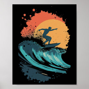 Affiche Art de vague de surf au coucher du soleil, silhoue