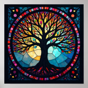 Affiche Art de verre coloré, Arbre de Vie en verre coloré