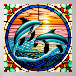 Affiche Art de verre coloré avec des dauphins bondissant a