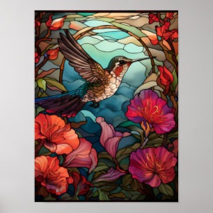 Affiche Art de verre teinté de colibri et de fleurs