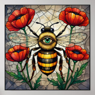 Affiche Art de vitrail d'abeille bourdon Fleur de pavot ro