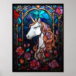 Affiche Art de vitrail de licorne avec des roses magiques