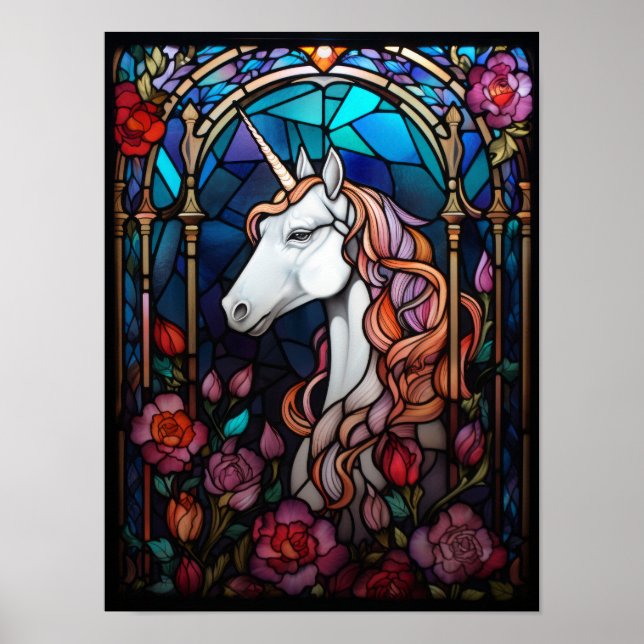 Affiche Art de vitrail de licorne avec des roses magiques (Devant)