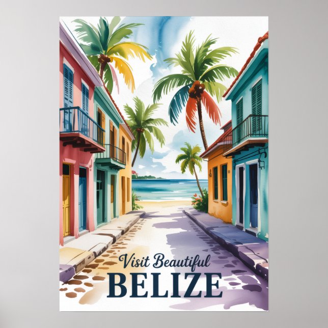 Affiche Art de voyage à l'aquarelle Bélize Vintage (Devant)